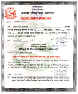 Life dream adventure company registration certificate