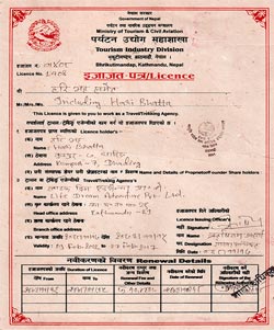 License from division office of tourism ministry of nepal